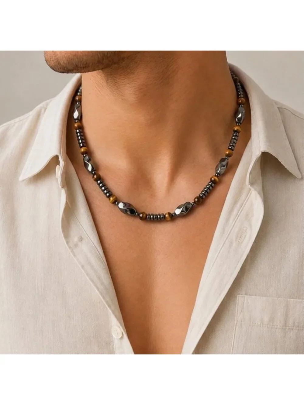 Men's Tiger Eye & Hematite Beaded Necklace - Natural Stone Jewelry, Magnetic